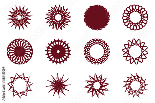 Vector Collection of twelve unique maroon geometric designs  for creative projects and graphic design applications