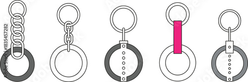 Minimalist Vector Set of Keychains and Key Rings with Various Chain Links and Attachment Styles, Ideal for Product Design Mockups, Security Graphics, and Accessory Illustrations.