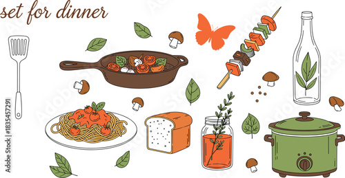 Hand-Drawn Vector Set for Dinner and Home Cooking, Featuring Spaghetti, Skewer, Bread, Cast Iron Pan, Herbs, Mushrooms, and Slow Cooker, Ideal for Recipe and Culinary Graphics.
