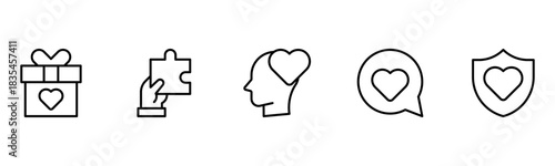 Heart, love, care, help, charity, and donation outline icons are set isolated on a white background in a flat vector illustration.