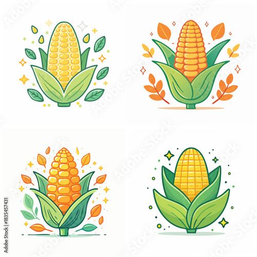 Illustrated corn depictions featuring vibrant yellow and green elements with surrounding decorative foliage against a bright white backdrop suitable for various design projects