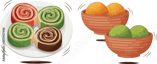 Traditional Indian sweets in vibrant colors including ladoos and rolled confections — festive dessert illustration for culinary and cultural themes