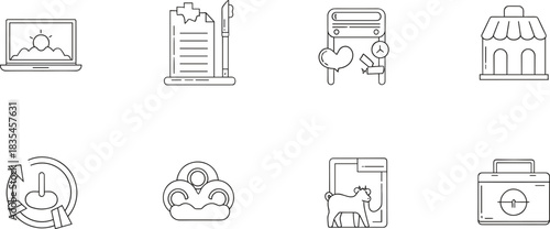 Minimalist Line Art Vector Icon Set for Business and Services, Including Online Shop, Notebook, Clipboard, Veterinary Care, Dog, Shelter, and General Commerce Elements.