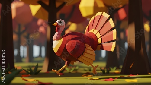 Low Poly Turkey Running in Vibrant Autumn Forest perfect for website banner, social media post, blog illustration, greeting card, holiday marketing, menu design