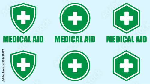 Set of medical aid cross symbols featuring shield and circle shapes. Clean emergency markings suitable for healthcare, first aid, pharmacy, and safety-related designs with simple bold icons.