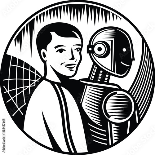  Retro Woodcut Style Man and Robot Portrait
