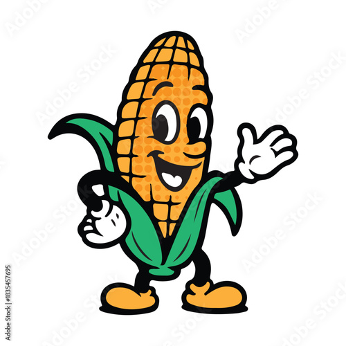 Cheerful corn character waving hello with playful charm, perfect for branding, educational materials, and fun food promotions, radiating wholesome goodness