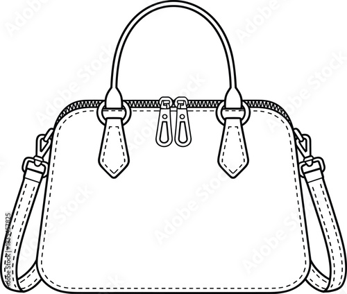 Handbag technical drawing, black and white fashion sketch, structured purse with zipper and strap, vector graphic, accessory design element, bag clipart