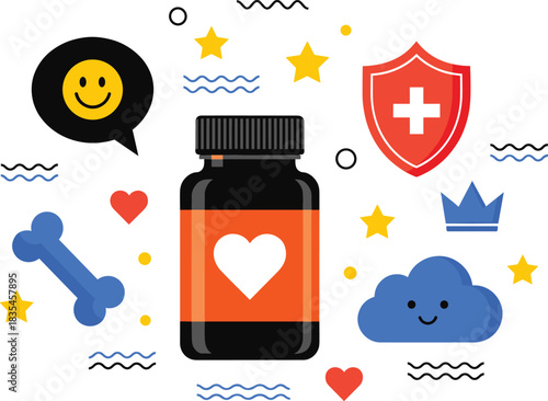Modern Abstract Health and Wellness Vector Set Featuring a Supplement Bottle with a Heart, Shield, Bone, and Cheerful Icons, Symbolizing Immunity, Protection, and Vitality
