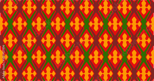 Bright geometric pattern with red, yellow, and green shapes forming a bold symmetrical seamless decorative design.