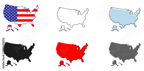 Clean USA map vector set featuring outline, solid, flag, grid and color-filled styles. Includes Alaska and Hawaii shapes for versatile use in geography, infographic, business and travel designs.