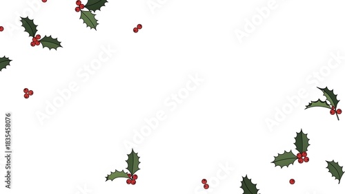 Scattered Holly Leaves and Red Berries on White Background for Christmas Design perfect for Greeting cards, invitations, website banners, social media posts,