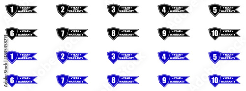Clean warranty badge icon set featuring shield and ribbon labels from 1 to 10, ideal for product guarantees, approval marks, and certification graphics with bold number designs.