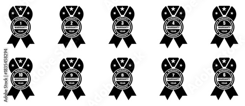 Set of black warranty ribbon badges featuring premium quality and certified labels in a clean silhouette style. Ideal for branding, awards, guarantees, promotions, and product certification designs.