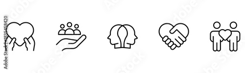 Heart, love, care, help, charity, and donation outline icons are set isolated on a white background in a flat vector illustration.