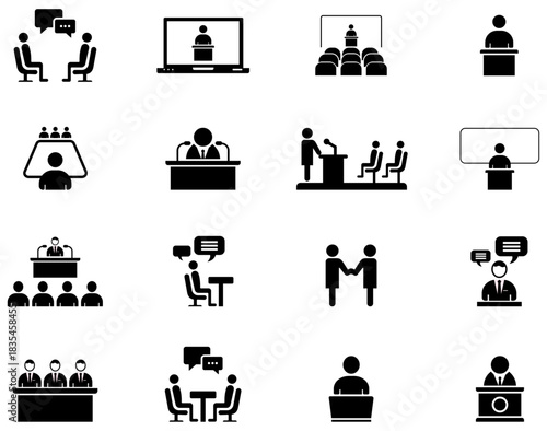 Collection of business meeting, teamwork, conference and presentation icons showing collaboration, discussion, leadership and communication in clean silhouette style for corporate use.