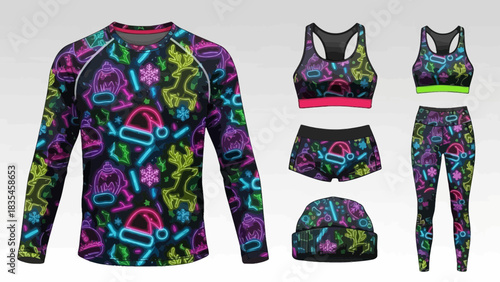 Vibrant neon christmas holiday patterned athleisure wear collection featuring long sleeve top sports bra shorts leggings and beanie