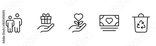 Heart, love, care, help, charity, and donation outline icons are set isolated on a white background in a flat vector illustration.