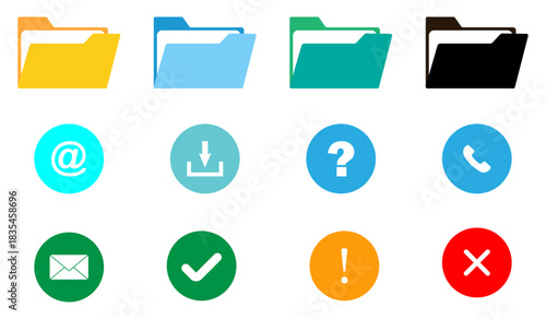 A clean set of colorful folder icons with email, download, help, call, mail, check, alert and cross symbols for UI, apps and digital workflow elements, designed for clear modern interfaces.