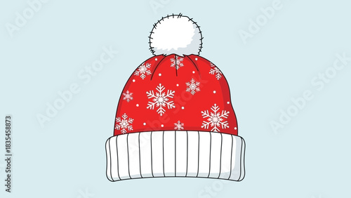 A festive red winter beanie adorned with white snowflakes and a fluffy white pom pom perfect for cold weather and holiday celebrations