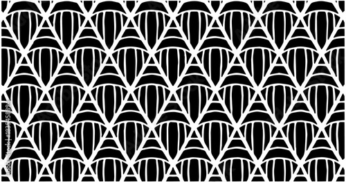 Black and white geometric pattern with repeating arch-like shapes creating a clean contrasting decorative seamless design.