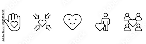 Heart, love, care, help, charity, and donation outline icons are set isolated on a white background in a flat vector illustration.