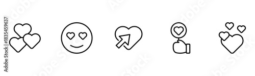 Heart, love, care, help, charity, and donation outline icons are set isolated on a white background in a flat vector illustration.