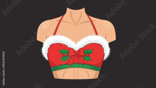 Festive christmas halter top with white fur trim and holly accents featuring a red bow and green ribbon detail on a dark background
