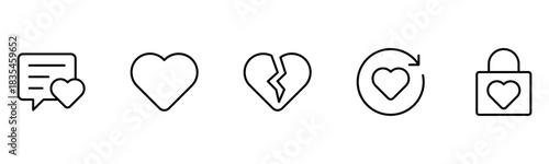 Heart, love, care, help, charity, and donation outline icons are set isolated on a white background in a flat vector illustration.