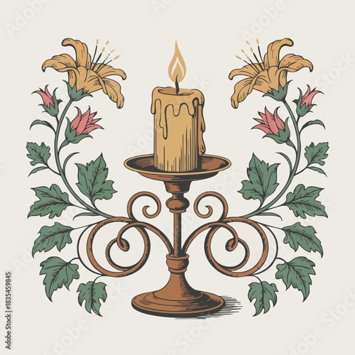 Vintage Candle and Floral Wreath Illustration