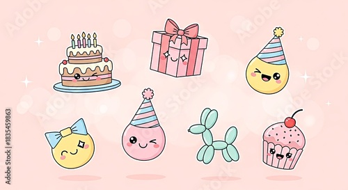 Cute birthday party icons set on pastel pink background  