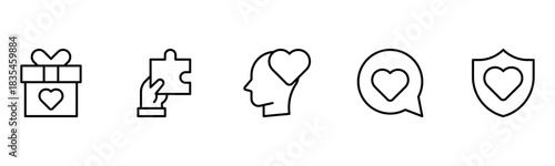 Heart, love, care, help, charity, and donation outline icons are set isolated on a white background in a flat vector illustration.