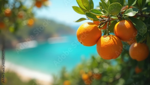 Orange tree branch against blue sea background. Ripe oranges with leaves grow on citrus plantation farm. Scenic landscape view of agriculture garden with fresh fruits.