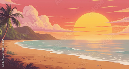Tropical beach sunset glowing over calm shoreline. Warm golden horizon on tranquil coastal evening. Peaceful seascape bathed in vivid sunset colors. Serene tropical coast at radiant sunfall