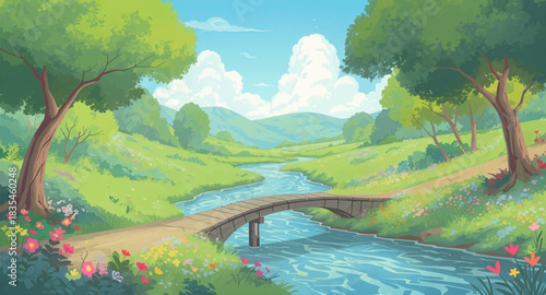 Wooden bridge crossing a gentle blue riverscape
2. Charming countryside bridge over quiet stream
3. Peaceful rural river with rustic wooden bridge
4. Scenic valley stream framed by lush green trees