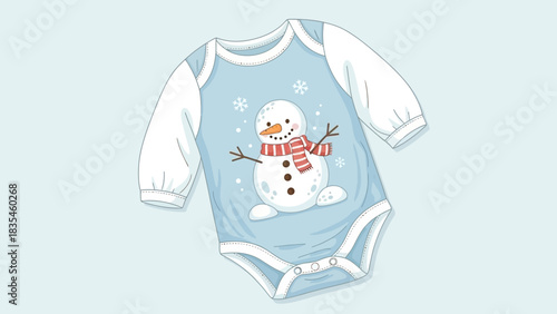 Adorable illustration of a light blue long sleeved baby bodysuit featuring a cute cartoon snowman with a red and white striped scarf and carrot nose surrounded by snowflakes