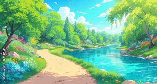 Bright riverside forest path under vivid daylight. Clear turquoise stream flowing beside woodland trail. Sunlit forest river landscape with lush greenery. Peaceful nature path by sparkling blue water