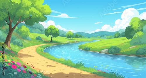 Serene riverside path in vibrant summer landscape. Peaceful green valley with bright flowing river. Scenic countryside trail along calm blue water. Tranquil nature walkway beside shimmering river