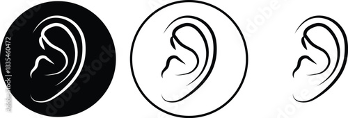 Black ear icon set in flat and line style, hearing symbol collection featuring auditory outline graphics and sound awareness illustration monochrome listening sense vector pack with synonym elements