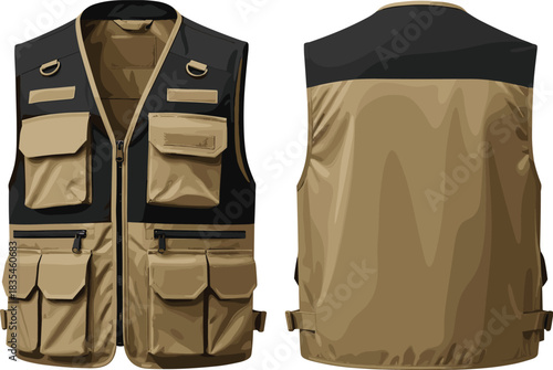 Multi-Pocket Fishing Photography Hunting Traveler Vest for Outdoor Adventures Safari Hiking and Camping Gear Beige and Black Vector Illustration