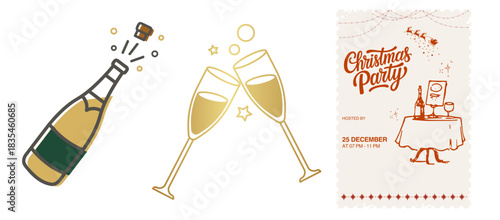 Christmas party invitation, champagne popping, and toasting flutes illustration