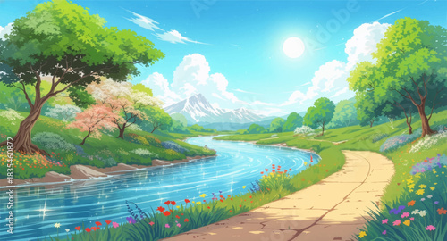 River path leading toward snowy mountain peak. Scenic riverside walkway with bright alpine view. Clear blue river beneath towering white summit. Tranquil valley path facing majestic mountain