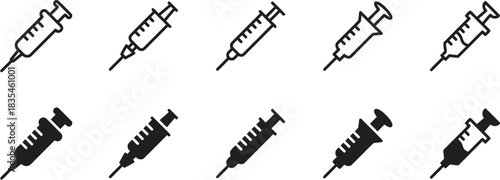 syringe, needle, medical, healthcare, injection, vaccination, medicine, science, icon, symbol, set, collection, outline, filled, black and white, hospital, clinic, treatment, drug, health, research, i
