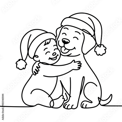A happy baby hugs a smiling dog, both wearing festive Santa hats, symbolizing friendship and holiday cheer.