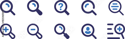 magnifying glass, search, icon, zoom, find, discover, research, information, question, answer, plus, minus, person, list, graphic, symbol, vector, design, illustration, blue, dark blue, white backgrou