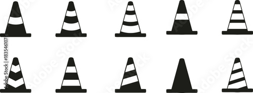 traffic cone, cone, safety, warning, construction, barrier, alert, signal, striped, pattern, icon, set, collection, hazard, road, traffic, equipment, symbol, design, graphic, navigation, caution, temp