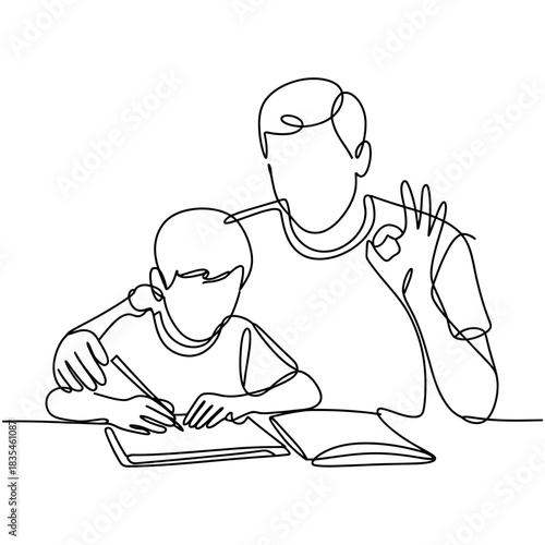 A father helps his son with homework, offering encouragement with a gesture of approval.