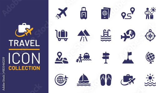 travel, icon, collection, airplane, suitcase, passport, map, pin, person, luggage, cart, mountain, road, swimming pool, globe, compass, ship, ferry, signpost, flag, mountain peak, sun, waves, sailboat