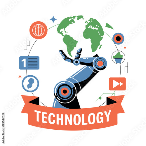 A robotic arm holds the Earth, symbolizing global technology and innovation.