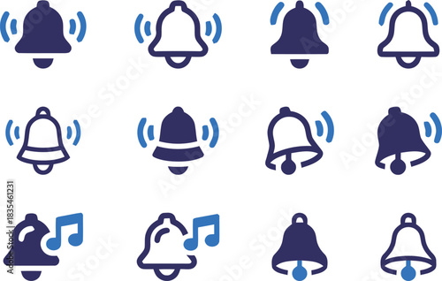 bell, notification, icon, symbol, alert, sound, chime, ringing, message, reminder, communication, information, technology, application, interface, design, blue, white, outline, filled, music note, sou